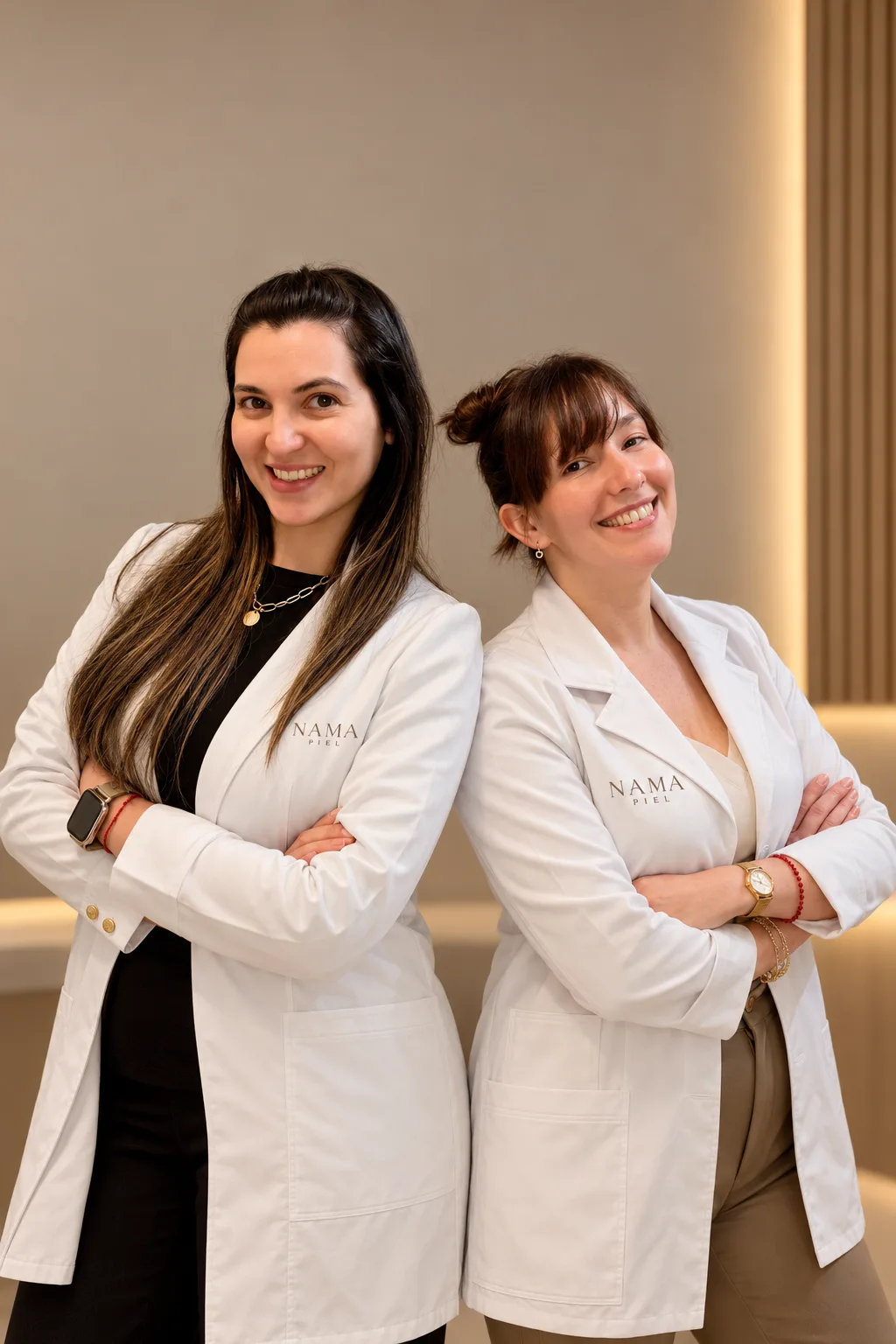 Dra. Marina Luongo y Dra. Nadia Chmyzowski con guardapolvos de NAMA PIEL, de brazos cruzados